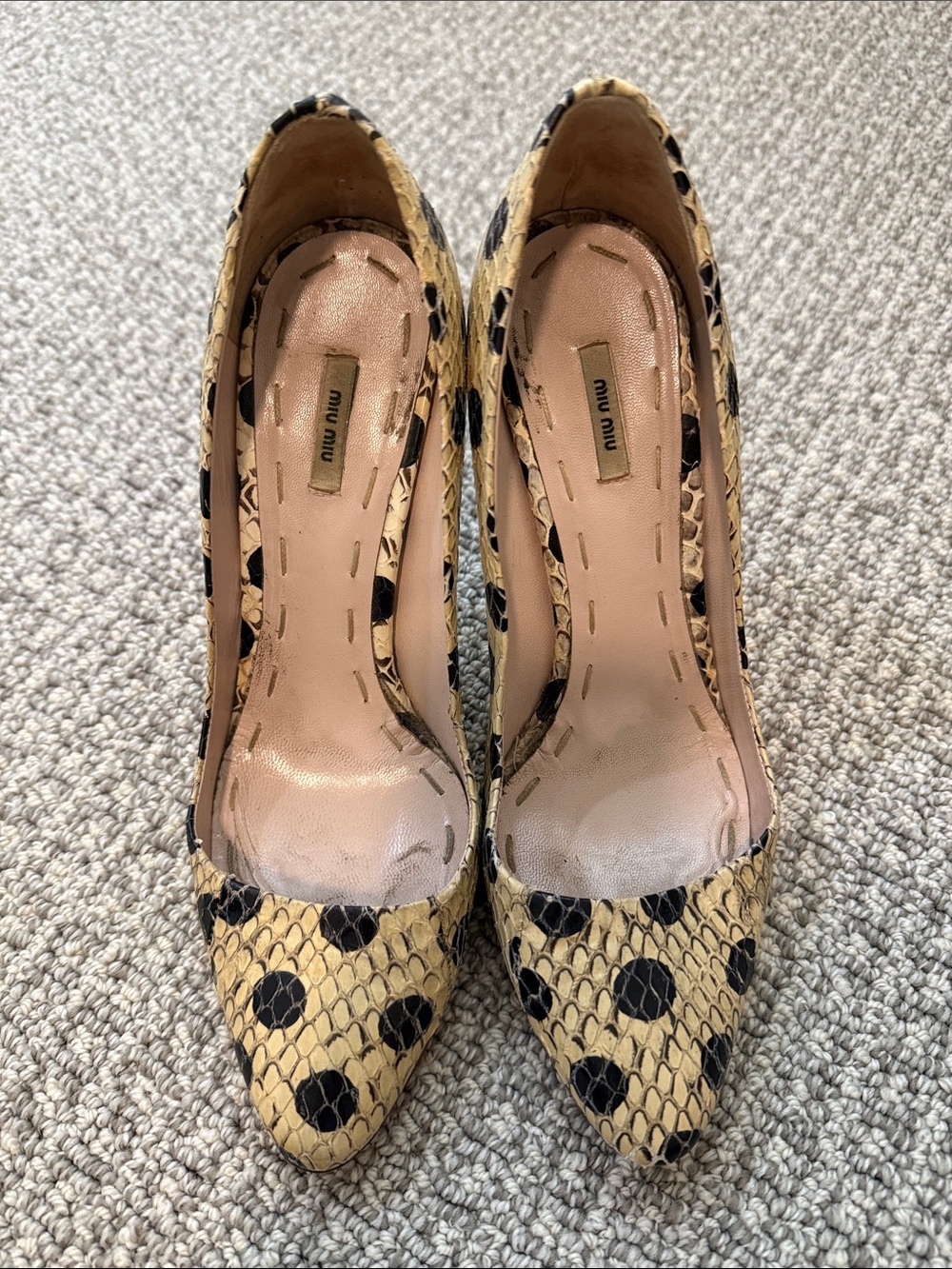 Miu Miu Cream Snake leather Pumps with Black Polka Dots